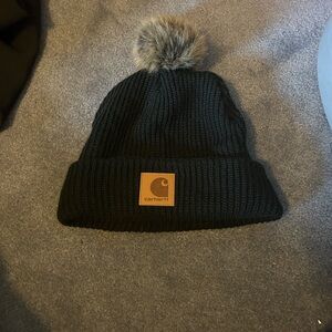Carhartt Black Knit Beanie with Faux Fur Pom